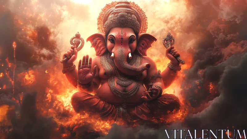 Fiery seated Ganesha deity in detailed digital rendering
