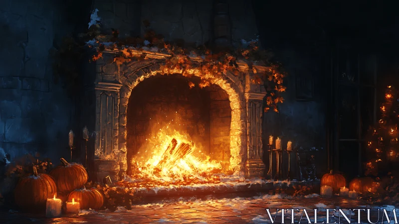 Gothic Hearth Illuminated: Ornate Archway Engulfed in Roaring Firelight.