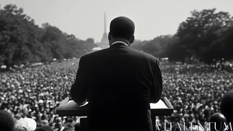 Backlit orator addressing vast crowd in historic march scene.