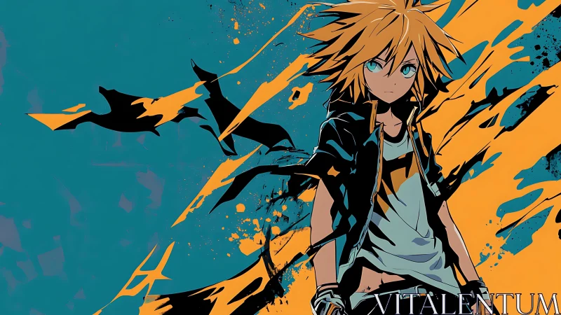 Neon-slashed rebel hero strides through teal chaos storm.