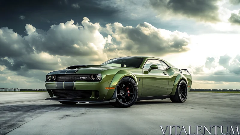 Green muscle car stands bold on runway beneath stormy sky