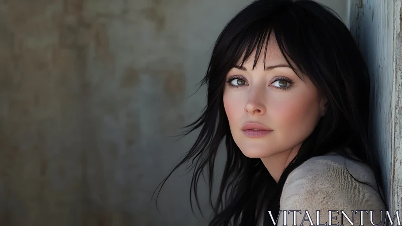 Gentle gaze by the window with soft light and quiet calm.