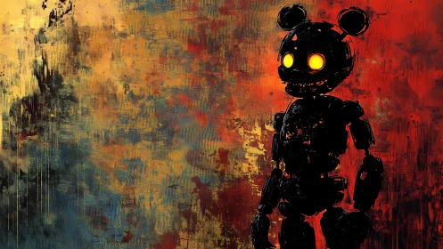 Molten dusk robot bear with ember-bright haunted eyes.