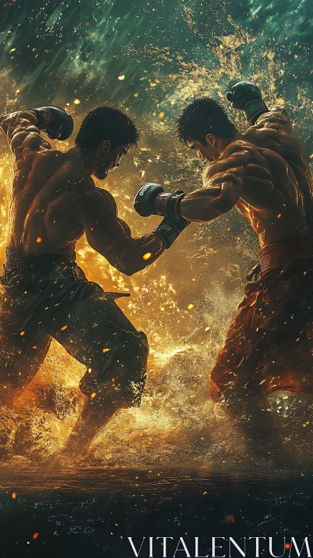 Underwater Boxing Combat Scene with Golden Particle Effects.