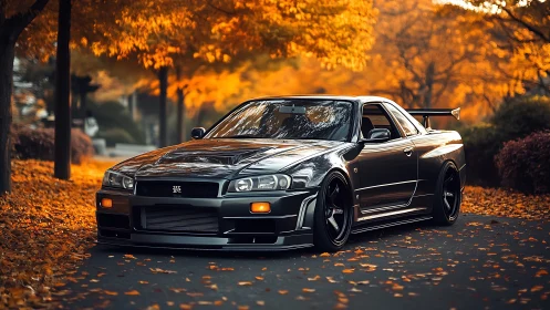 Black sports coupe parked on tree-lined autumn roadway.