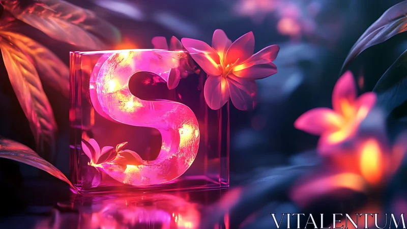 Neon letter S blooms softly inside a glowing jungle cube