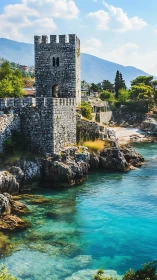 Stone coastal tower stands on rocky shoreline above clear water