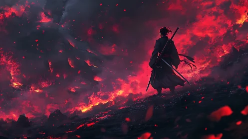 Lone samurai confronts a burning volcanic battlefield at dusk