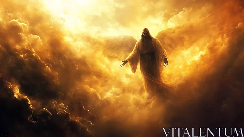 Radiant robed angel emerging through blazing golden clouds.