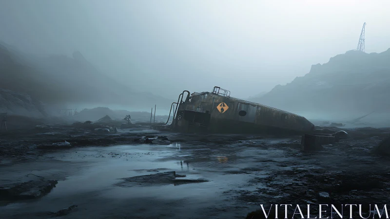 Leaking nuclear tanker tilts in bleak foggy wasteland.