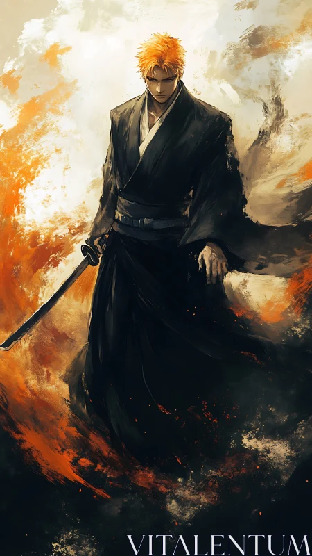 Orange haired swordsman in black robe amid fiery mist.