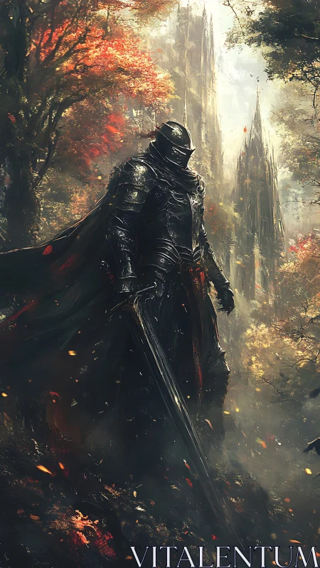 Dark armored knight standing in misty autumn forest.