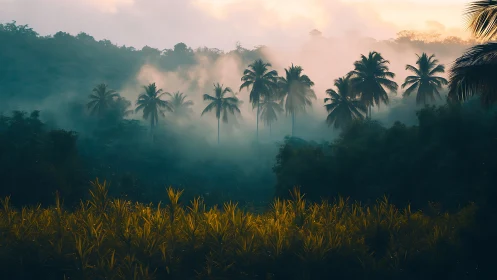 Misty tropical landscape at dawn over palm forest.