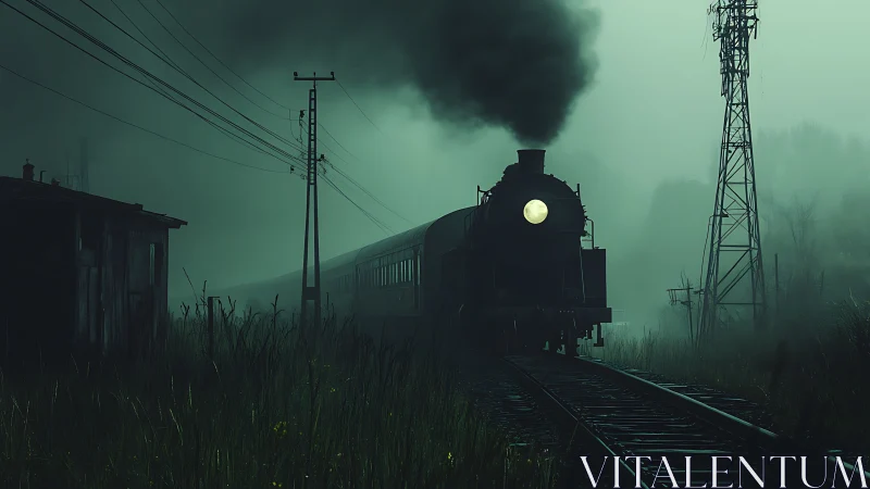 Midnight steam engine haunts a fog-drowned forgotten railway.