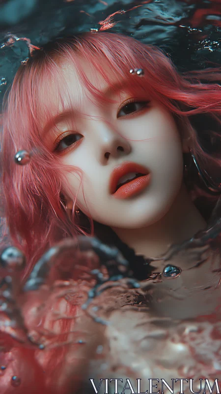 Red haired digital portrait partially submerged in water.