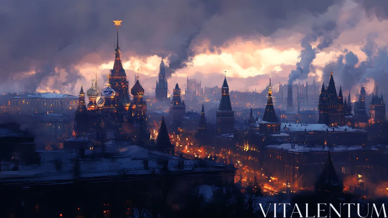 Digital painting of a snowbound, firelit neo-gothic skyline.