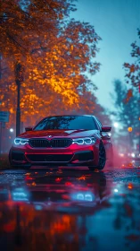 Red performance sedan in rainy neon-lit autumn street scene