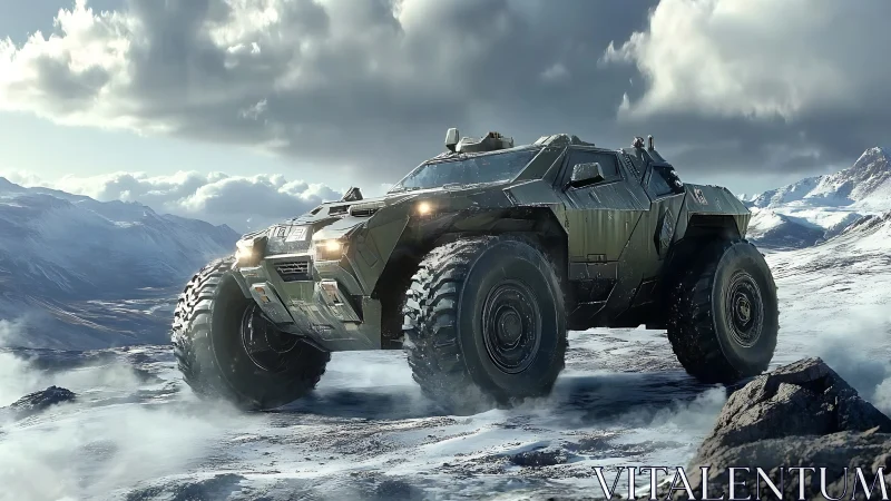 Futuristic armored off road vehicle in icy mountain terrain.