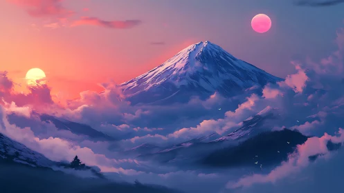 Snowy mountain peak under dual suns in dense pastel clouds