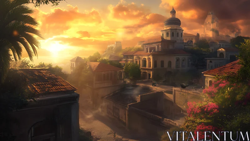 Sunlit hillside town with domed church under glowing sky