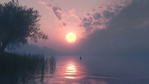 Solitary boat drifts beneath a rosy hush of lake sunset.