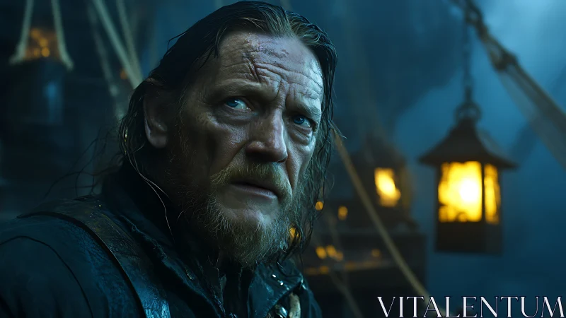 Storm-worn sea captain glowers beneath lantern-lit rigging.