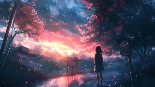 Chromatic dusk corridor with solitary figure and sakura drift.