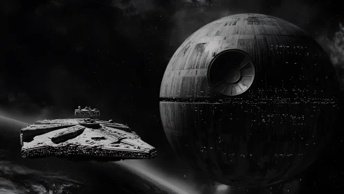 3D sci-fi starship and battle station in deep space tableau.