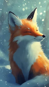 Fox sits in snowy landscape with eyes closed and relaxed