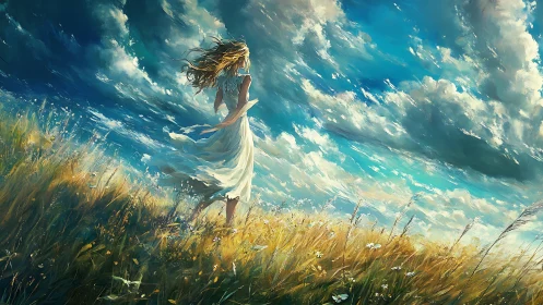 Figure in white dress stands in windswept grassland under clouds