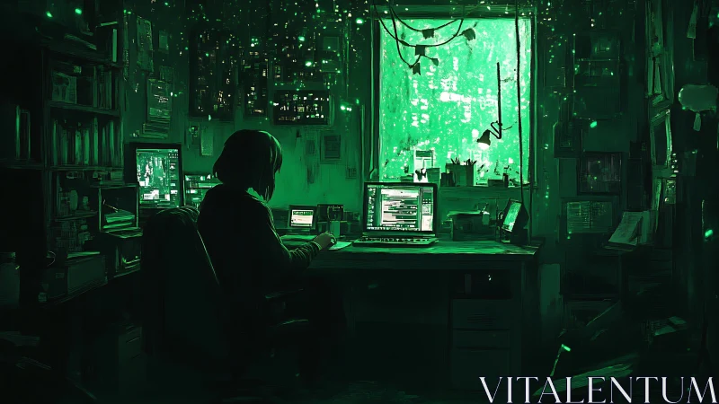 Individual at multi-screen workstation in green-lit room.