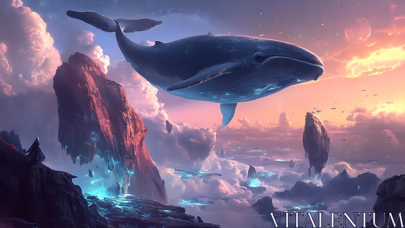 Skywhale drifts over glowing cliffs in a dreamy twilight world