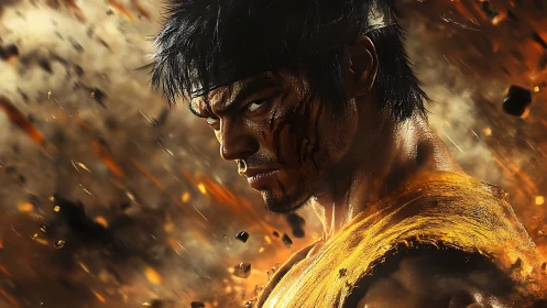 Smoldering warrior narrows his gaze through flying embers