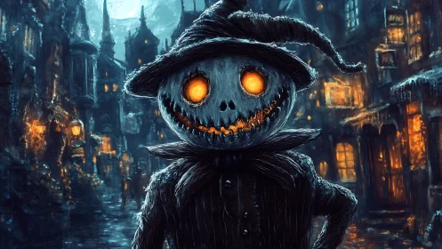 Grinning pumpkin scarecrow haunts icy gothic alleyway.