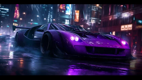 Neon purple supercar races through a rain-soaked nightscape.