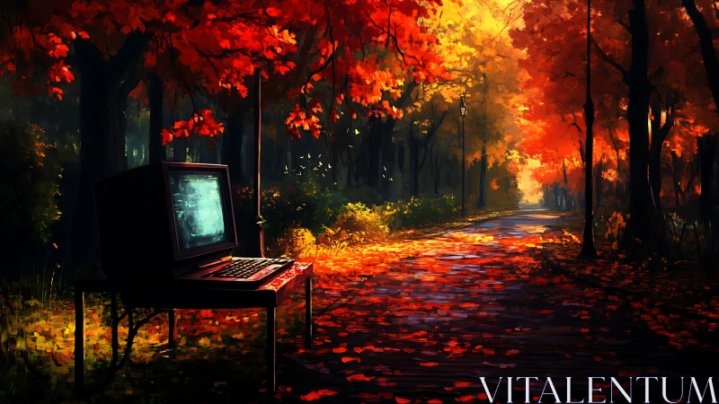 Retro computer glowing in vivid digital autumn forest scene.