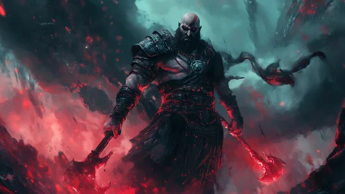 Warrior strides through molten void wielding twin axes.