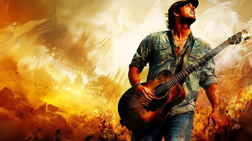 Gritty country guitarist stands against blazing abstract sky