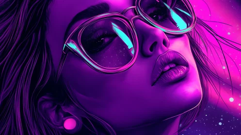 Neon stargazer in glossy shades under electric night sky.