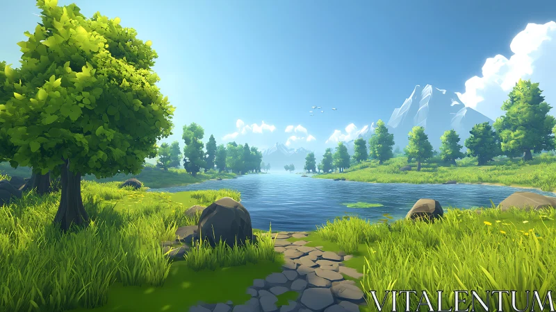 Sunlit river meadow cradled by distant crystal mountains.