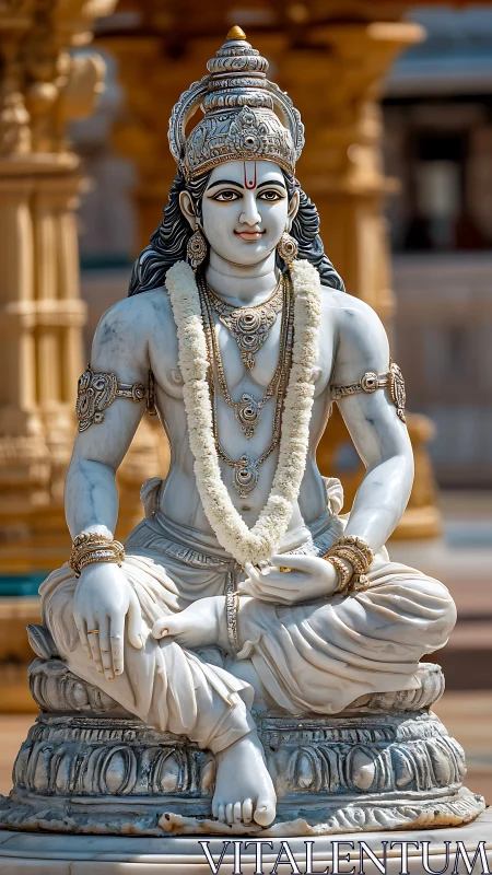 Marble deity statue in seated pose with ornate adornment.