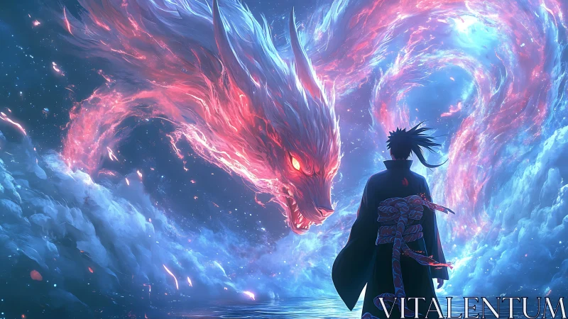 Celestial energy dragon confronting cloaked warrior in nebula sky