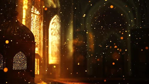 Golden dust drifts through a lanternlit hall at twilight