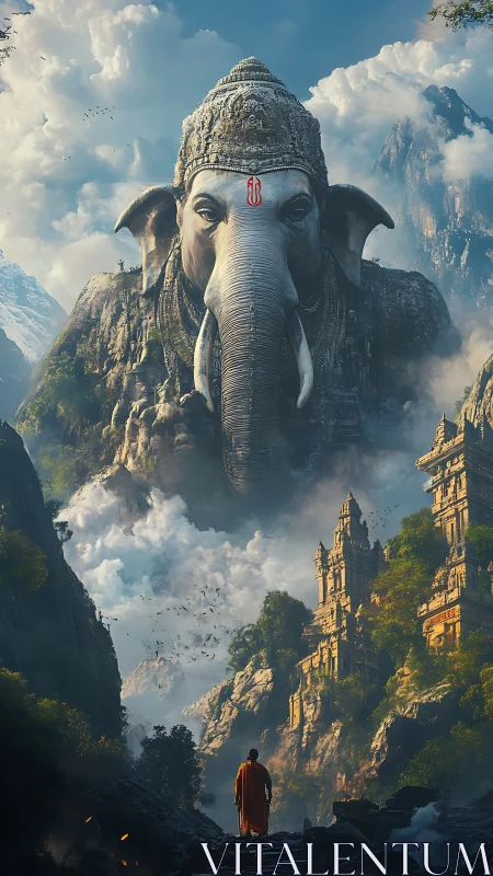 Majestic elephant deity watches over misty temple valley