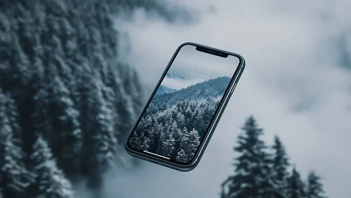 Floating smartphone framing misty conifer forest landscape.