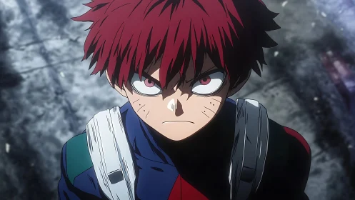 Red haired anime boy looks upward with intense expression