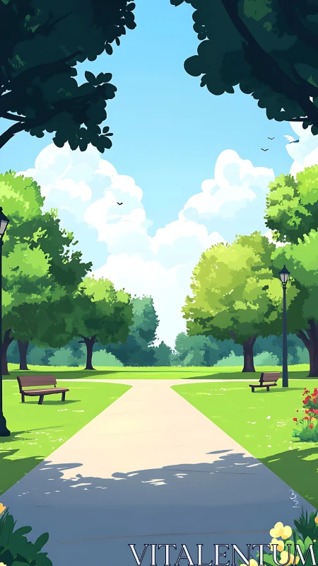 Tree lined park pathway with benches under clear sky.