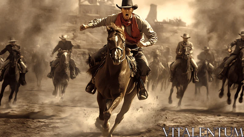 Cowboy stampede erupts in a dusty Old West horse charge.