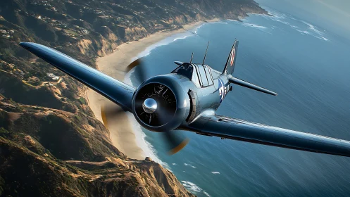 WWII naval fighter banking above rugged coastal cliffs in motion
