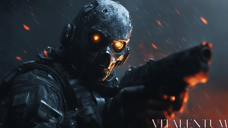 Cybernetic combat trooper with glowing optics in storm firefight